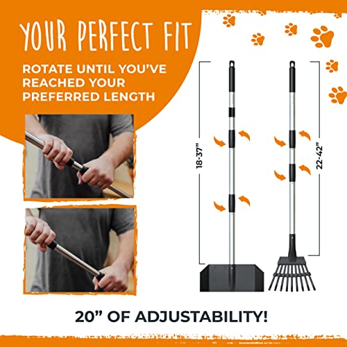 Mighty Paw Dog Pooper Scooper | Large Heavy Duty Tray & Rake Set. Long Adjustable Metal Poles for Comfortable Pet Poop, Waste & Yard Debris Pickup. Easily Scoop on Grass, Sand, Gravel Or Concrete