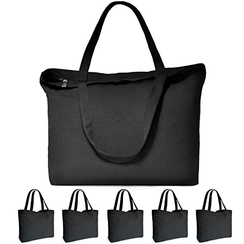 Black Canvas Tote Bag with Zipper, KOOLMOX 17x14'' 12Oz Thick Canvas Bag with Handles and Flat Bottom, Women Girl Men Grocery Shopping Bag Canvas Cotton Totes Sublimation Bags to Personalize Customize