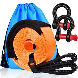 tow strap, heavy duty tow rope 2" x 16.4 ft 11000 lbs (5 t) recovery straps with 2pcs 1/2" d-ring shackles, protective sleeves, storage bag, emergency off road truck accessories, daily use for car