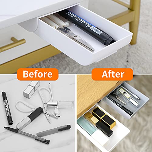 (2 Pack) Under Desk Drawer, Premium Under Desk Storage, Hidden Under Desk Storage Drawers, Desk Drawers with Self-Adhesive Glue, Suitable for Office, Home-use, School (White/Gray)