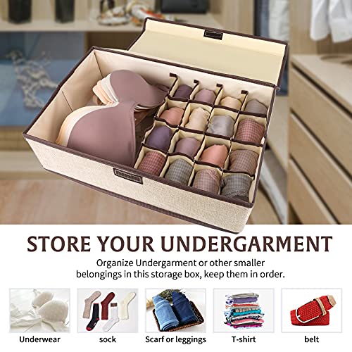 COSIFO 2PC Sock Bra Organizer Divider with Lid, 17 Cells Fabric Divider Underwear Drawer Organizer, Foldable Closet Storage Boxes Case for Socks, Bras, Ties, Towels, Scarves, Beige