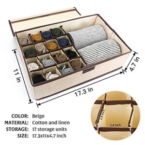 COSIFO 2PC Sock Bra Organizer Divider with Lid, 17 Cells Fabric Divider Underwear Drawer Organizer, Foldable Closet Storage Boxes Case for Socks, Bras, Ties, Towels, Scarves, Beige