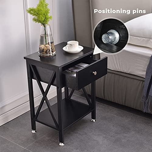 Ganflis Night Stands for bedrooms,Bed Side Table with Drawer,Modern nightstand,end Table for Living Room Decor,Coffee Table Decor, Bedroom Furniture,X-Shape,Black