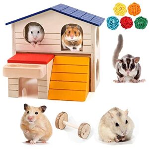 forzena pet small animal hideout hamster house deluxe two layers wooden hut play toys chews color sepak takraw and barbell