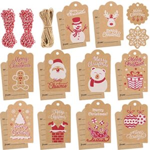 120 pcs kraft paper christmas gift tags in 12 patterns with "to and from" writing backside design , xmas gift tags with 98 feet twine for diy xmas holiday present,decor christmas gift,