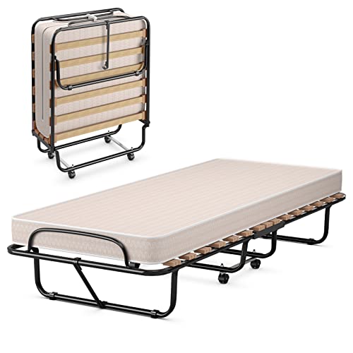 Giantex Folding Bed with 3" Mattress for Adults, Made in Italy, Rolling Foldaway Guest Bed, Memory Foam Mattress, Sturdy Metal Frame, Cot Size Portable Foldable Hideaway Bed, Easy to Store (Beige)