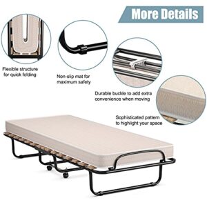 Giantex Folding Bed with 3" Mattress for Adults, Made in Italy, Rolling Foldaway Guest Bed, Memory Foam Mattress, Sturdy Metal Frame, Cot Size Portable Foldable Hideaway Bed, Easy to Store (Beige)