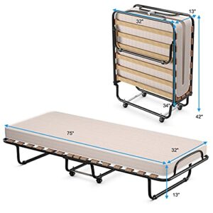 Giantex Folding Bed with 3" Mattress for Adults, Made in Italy, Rolling Foldaway Guest Bed, Memory Foam Mattress, Sturdy Metal Frame, Cot Size Portable Foldable Hideaway Bed, Easy to Store (Beige)