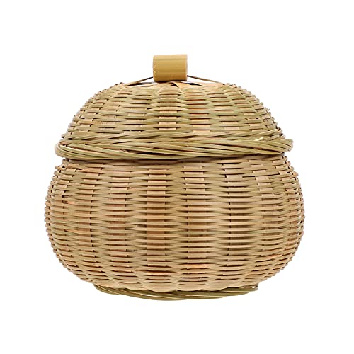 YARNOW Bamboo Woven Basket with Lid Rattan Braid Chess Cans Wicker Bowls Round Seagrass Baskets Boho Home Decor for Home Kitchen Snake Appetizer Food Storage 14. 5X14. 5CM