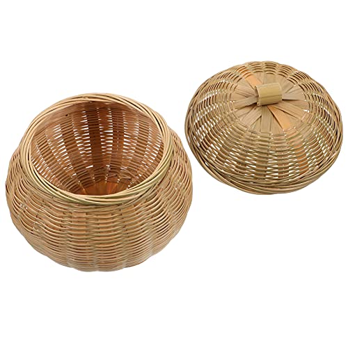 YARNOW Bamboo Woven Basket with Lid Rattan Braid Chess Cans Wicker Bowls Round Seagrass Baskets Boho Home Decor for Home Kitchen Snake Appetizer Food Storage 14. 5X14. 5CM