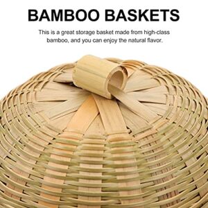 YARNOW Bamboo Woven Basket with Lid Rattan Braid Chess Cans Wicker Bowls Round Seagrass Baskets Boho Home Decor for Home Kitchen Snake Appetizer Food Storage 14. 5X14. 5CM