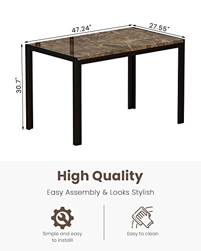 Recaceik Modern Dining Table for Kitchen, Faux Marble Kitchen Tables with Metal Legs for 4 People, Industrial Dining Room Table for Living Room and Office, Easy Assembly, Brown