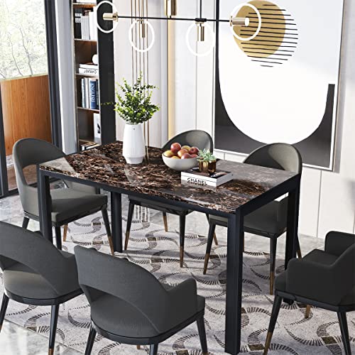 Recaceik Modern Dining Table for Kitchen, Faux Marble Kitchen Tables with Metal Legs for 4 People, Industrial Dining Room Table for Living Room and Office, Easy Assembly, Brown