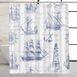 vega u nautical fabric shower curtain for bathroom, vintage anchor bath decor with 12 hooks, 72x72 inch