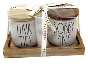 rae dunn wood lids and tray hair ties bobby pins glossy white ceramic container cellar holders