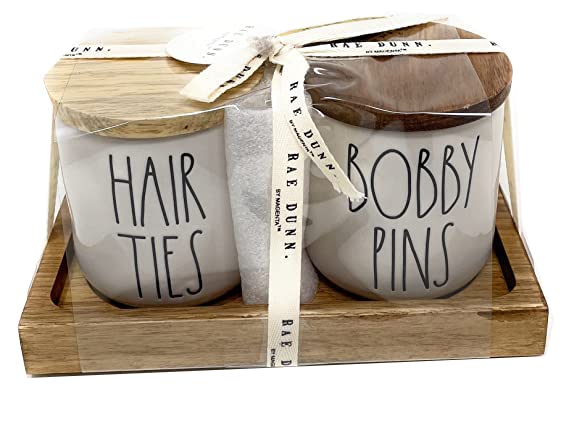 Rae Dunn Wood Lids and Tray HAIR TIES BOBBY PINS Glossy White Ceramic Container Cellar Holders