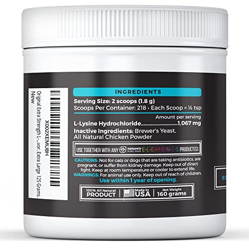 Original Extra Strength L-Lysine Powder for Cats and Dogs -Improved Immune Response, Respiratory Health, and Eye Function. All Natural Chicken for Flavor. Extra Large 125 Grams.