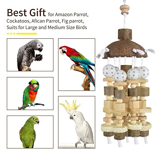 Aupipiroo Large Bird Parrot Toy, Natural Wooden Blocks Bird Chewing Toy Parrot Cage Bite Toy for Cockatoos African Grey Macaws and Amazon Parrots Large Medium Parrots Rattan Balls Wicker Ball Gifts