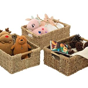 Large Wicker Basket Rectangular with Wooden Handles, Seagrass Basket Storage, Natural Baskets for Organizing, Wicker Baskets for Shelves 15.5 x 10.6 x 5.5 inches - 3 Pack