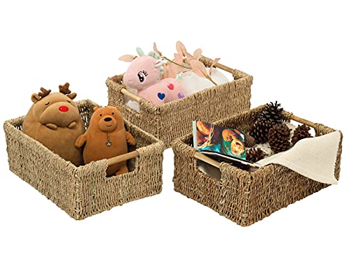 Large Wicker Basket Rectangular with Wooden Handles, Seagrass Basket Storage, Natural Baskets for Organizing, Wicker Baskets for Shelves 15.5 x 10.6 x 5.5 inches - 3 Pack