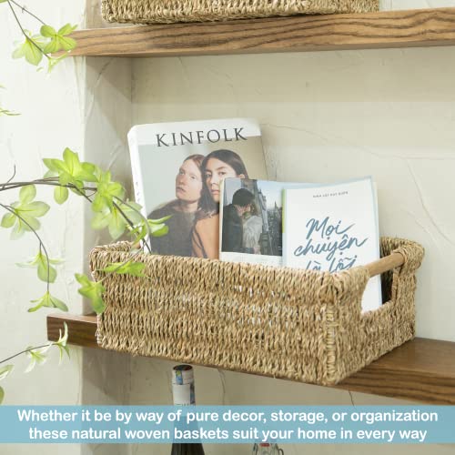 Large Wicker Basket Rectangular with Wooden Handles, Seagrass Basket Storage, Natural Baskets for Organizing, Wicker Baskets for Shelves 15.5 x 10.6 x 5.5 inches - 3 Pack