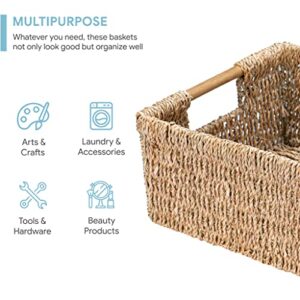 Large Wicker Basket Rectangular with Wooden Handles, Seagrass Basket Storage, Natural Baskets for Organizing, Wicker Baskets for Shelves 15.5 x 10.6 x 5.5 inches - 3 Pack