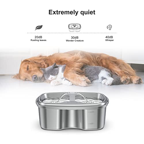 Bento Cat Water Fountain Stainless Steel 2-Way Spout, 2L/67oz Cat and Dog Fountain with Ultra Quiet Pump and 3 Carbon Filters, Dishwasher Safe, Pet Water Dispenser for Cats and Dogs