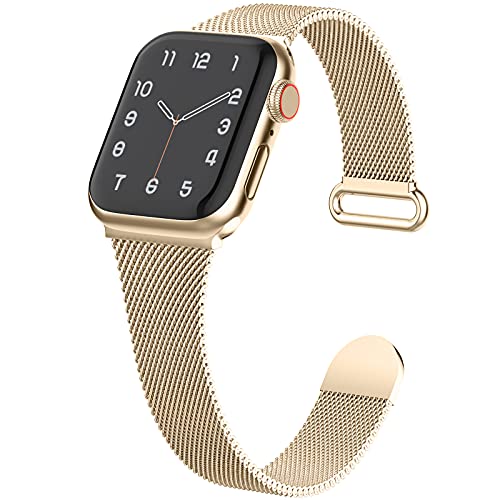 Slim Metal Band Compatible with Apple Watch Bands 40mm 44mm 41mm 45mm 38mm 42mm Women,Thin Narrow Stainless Steel Mesh Milanese Loop Magnetic Replacement Strap for iWatch SE Series 8 7 6 5 4 3 2 1