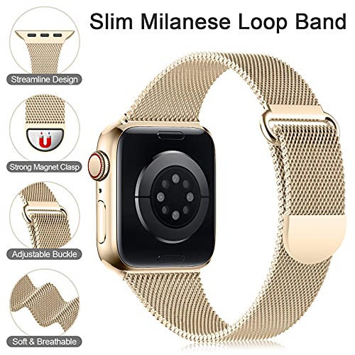 Slim Metal Band Compatible with Apple Watch Bands 40mm 44mm 41mm 45mm 38mm 42mm Women,Thin Narrow Stainless Steel Mesh Milanese Loop Magnetic Replacement Strap for iWatch SE Series 8 7 6 5 4 3 2 1