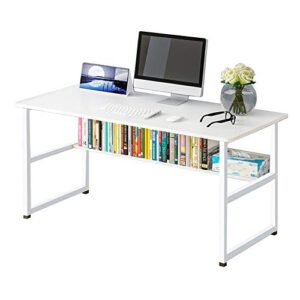 wooden 43in computer desk with storage shelf and metal stand, modern pc laptop workstation, study table at home, office table (white)