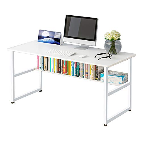 Wooden 43in Computer Desk with Storage Shelf and Metal Stand, Modern PC Laptop Workstation, Study Table at Home, Office Table (White)