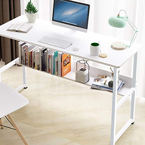 Wooden 43in Computer Desk with Storage Shelf and Metal Stand, Modern PC Laptop Workstation, Study Table at Home, Office Table (White)