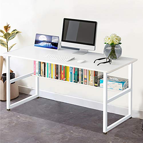 Wooden 43in Computer Desk with Storage Shelf and Metal Stand, Modern PC Laptop Workstation, Study Table at Home, Office Table (White)