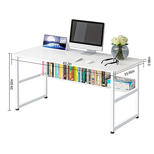 Wooden 43in Computer Desk with Storage Shelf and Metal Stand, Modern PC Laptop Workstation, Study Table at Home, Office Table (White)