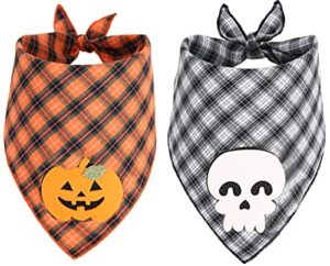 dog halloween bandana 2pack, plaid triangle scarf with designer appliques for dogs