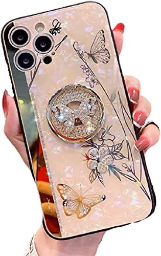 Aulzaju for iPhone 12 Pro Max Phone Case Cute Glitter Girly Women Flower Design,Luxury Plating Pearly Lustre Pattern,Sparkle Bling Diamond Butterfly Kickstand,Plating Hard Back Rugged Bumper Cover