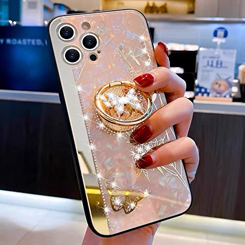 Aulzaju for iPhone 12 Pro Max Phone Case Cute Glitter Girly Women Flower Design,Luxury Plating Pearly Lustre Pattern,Sparkle Bling Diamond Butterfly Kickstand,Plating Hard Back Rugged Bumper Cover