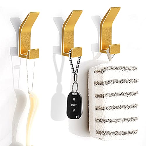 CFGROW Heavy Duty Adhesive Hook, 3 Packs Gold, Coat Robe Clothes Bath Towel Hooks Wall Mounted with Strong Glue Hold 22 lbs for Home Bathroom Kitchen Modern Hotel Style, Free-Drill Ceiling Holders