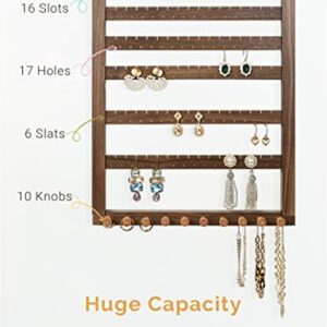 Mymazn Easy Assemble Solid Walnut Wood Earring Wall Holder Hanging Jewelry Organizer Necklace Holder Earring Hanger Wall Mount Jewelry Organizer for Necklaces Rings Scruncies Organization