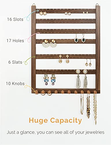 Mymazn Easy Assemble Solid Walnut Wood Earring Wall Holder Hanging Jewelry Organizer Necklace Holder Earring Hanger Wall Mount Jewelry Organizer for Necklaces Rings Scruncies Organization