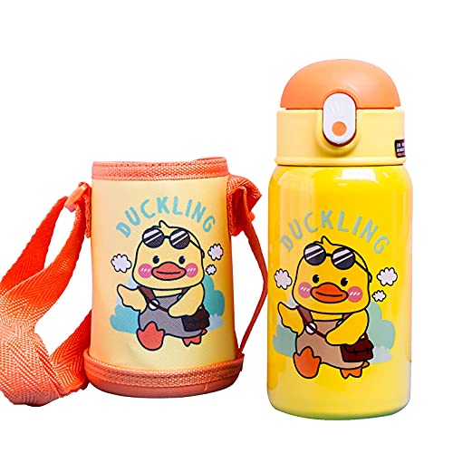 N/C Hi-Cup DuckLing Kids Water Bottle - insulated stainless steel thermos with straw (Girls/Boys) - 13oz (Outdoor Yellow) 7.5*18