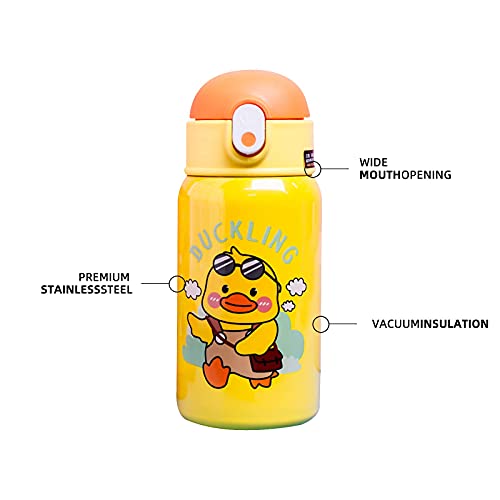 N/C Hi-Cup DuckLing Kids Water Bottle - insulated stainless steel thermos with straw (Girls/Boys) - 13oz (Outdoor Yellow) 7.5*18