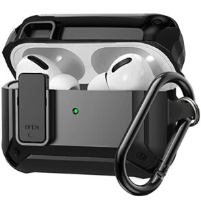 airpods pro case cover, [secure lock] olytop armor case for apple airpod pros rugged cool protective case cover for men full-body shockproof case skin with carabiner - black