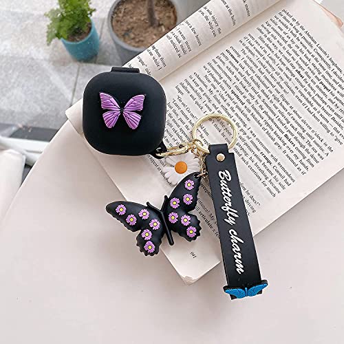 Compatible with Samsung Galaxy Buds Pro/Galaxy Buds Live Case with Butterfly Keychain, Protective Silicone Kids Teens Girls Women Funny Kawaii Fashion 3D Cute Cover for Galaxy Buds Pro/Live - Black