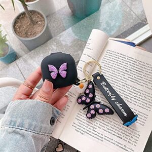 Compatible with Samsung Galaxy Buds Pro/Galaxy Buds Live Case with Butterfly Keychain, Protective Silicone Kids Teens Girls Women Funny Kawaii Fashion 3D Cute Cover for Galaxy Buds Pro/Live - Black