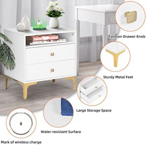 AILEEKISS Nightstands Set of 2 with Wireless Charging Function Wooden Night Stands 2 Sets with Drawers and Open Shelf Storage End Table Home Bedside Table for Bedroom (White 2 Sets)