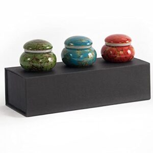 3pcs small urns for human ashes, 1.7'' keepsake urns for human or pet ashes, mini ceramic memorial urn and burial ash storage for family & loved ones，hold 1.2 cubic inches of ashes(blue,green,red)