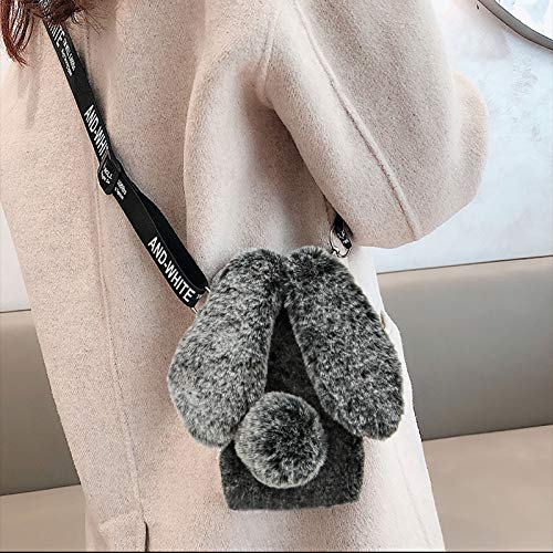 for iPhone 11 Rabbit Case,MOIKY Plush Crossbody Cute Fluffy Bunny Ears Hairball Winter Soft TPU Case for Women Bling Rhinestone Shockproof Silicone Bumper Protection Cover - Black