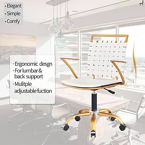 CAROCC Gold Computer Chair Gold Office Chair Desk Chair for Women White and Gold Desk Chair with Wheels and arms Computer White and Gold Desk Chair（3013-GD-white）