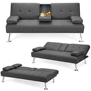 POWERSTONE Futon Sofa Bed Convertible Folding Sleeper Sofa with 2 Cup Holders Metal Legs Adjustable Pillows Recliner Modern Linen Living Room Couch (Grey)
